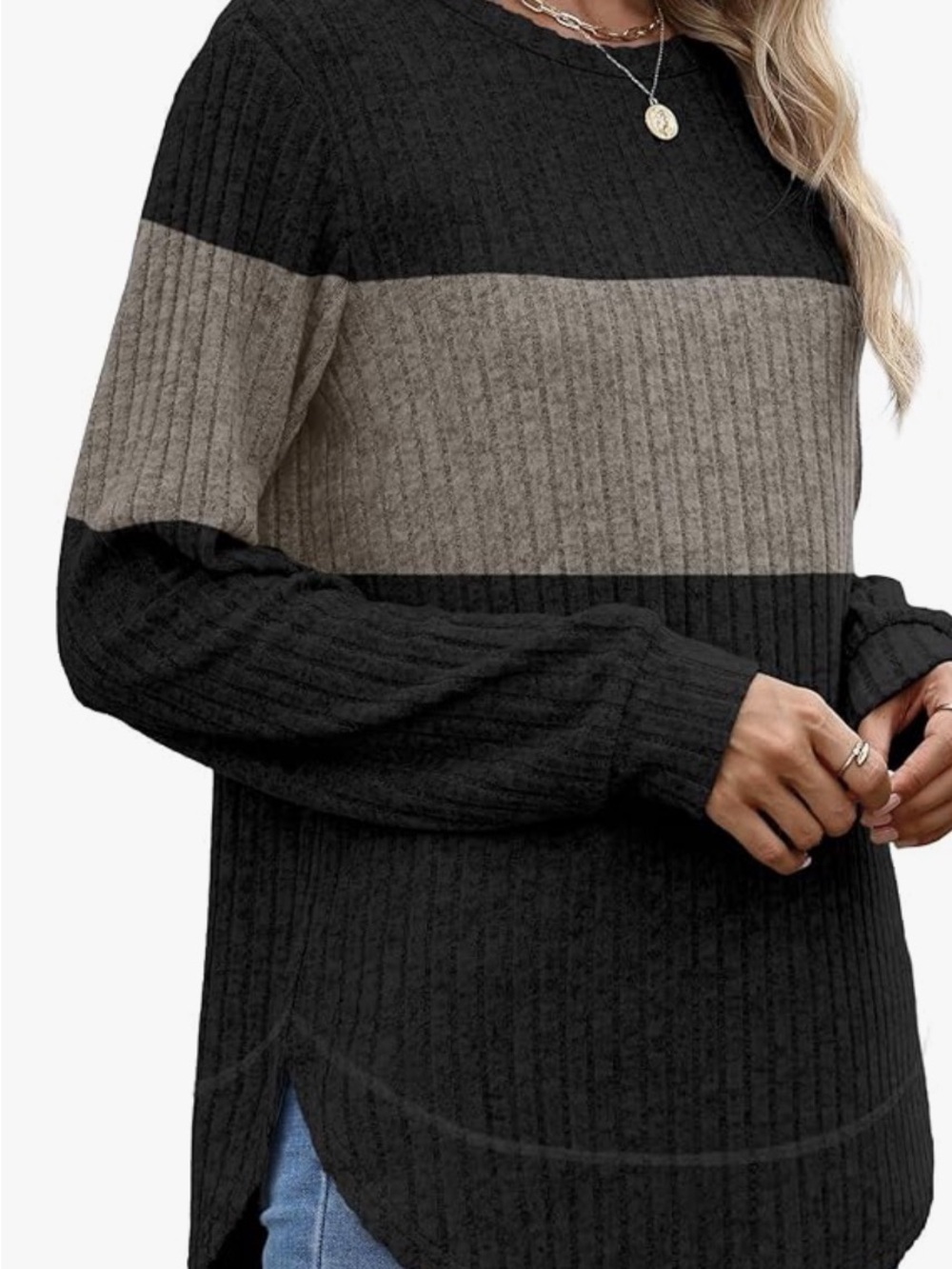 Colorblock Ribbed Crewneck Sweater - Black & Taupe